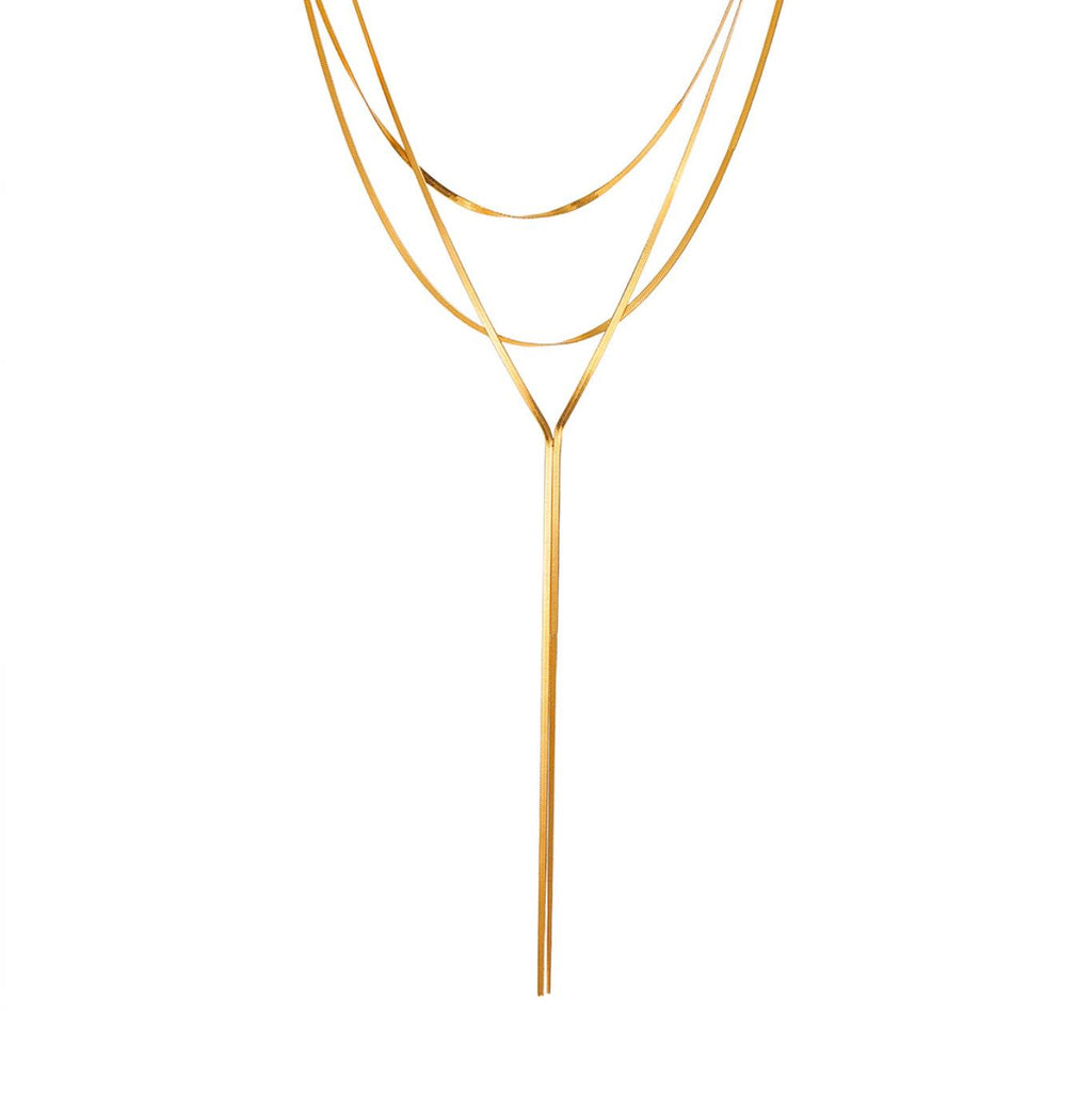 Stainless Steel Gold Plated Double Snake Bone Chain Y-Shaped Long Layering Necklace
