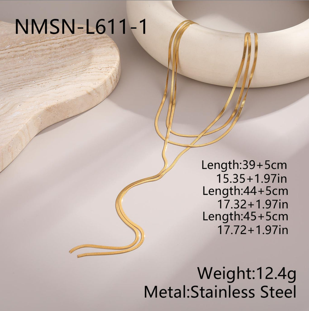 Stainless Steel Gold Plated Double Snake Bone Chain Y-Shaped Long Layering Necklace