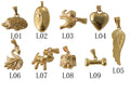 Gold animal and symbol pendants: hedgehog, face, elephant, heart, angel wing, swan, dog, bone for necklaces