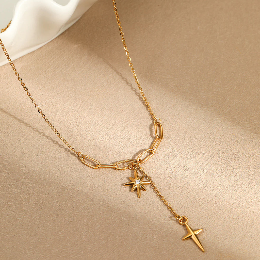 Gold star charm necklace with paperclip chain, trendy women's jewelry for everyday wear or gifting