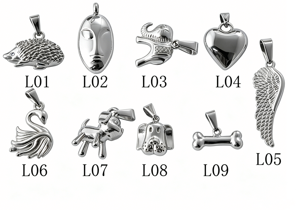 Assorted silver animal & symbol pendants: hedgehog, face, elephant, heart, wing, swan, dog, bone — trendy charms for necklaces