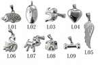 Assorted silver animal & symbol pendants: hedgehog, face, elephant, heart, wing, swan, dog, bone — trendy charms for necklaces