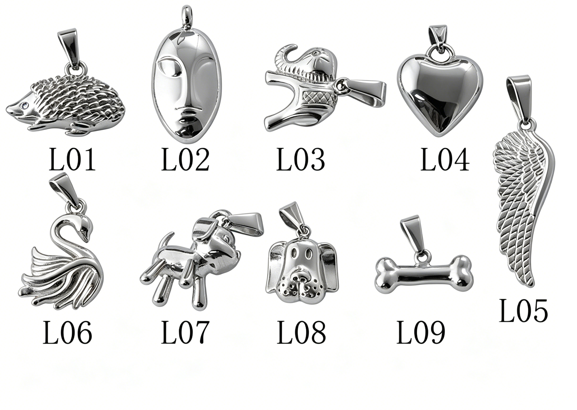 Assorted silver animal & symbol pendants: hedgehog, face, elephant, heart, wing, swan, dog, bone — trendy charms for necklaces