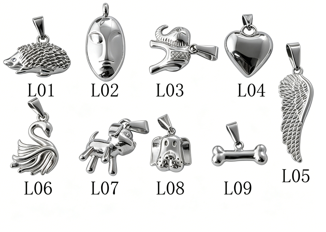 Assorted silver animal & symbol pendants: hedgehog, face, elephant, heart, wing, swan, dog, bone — trendy charms for necklaces